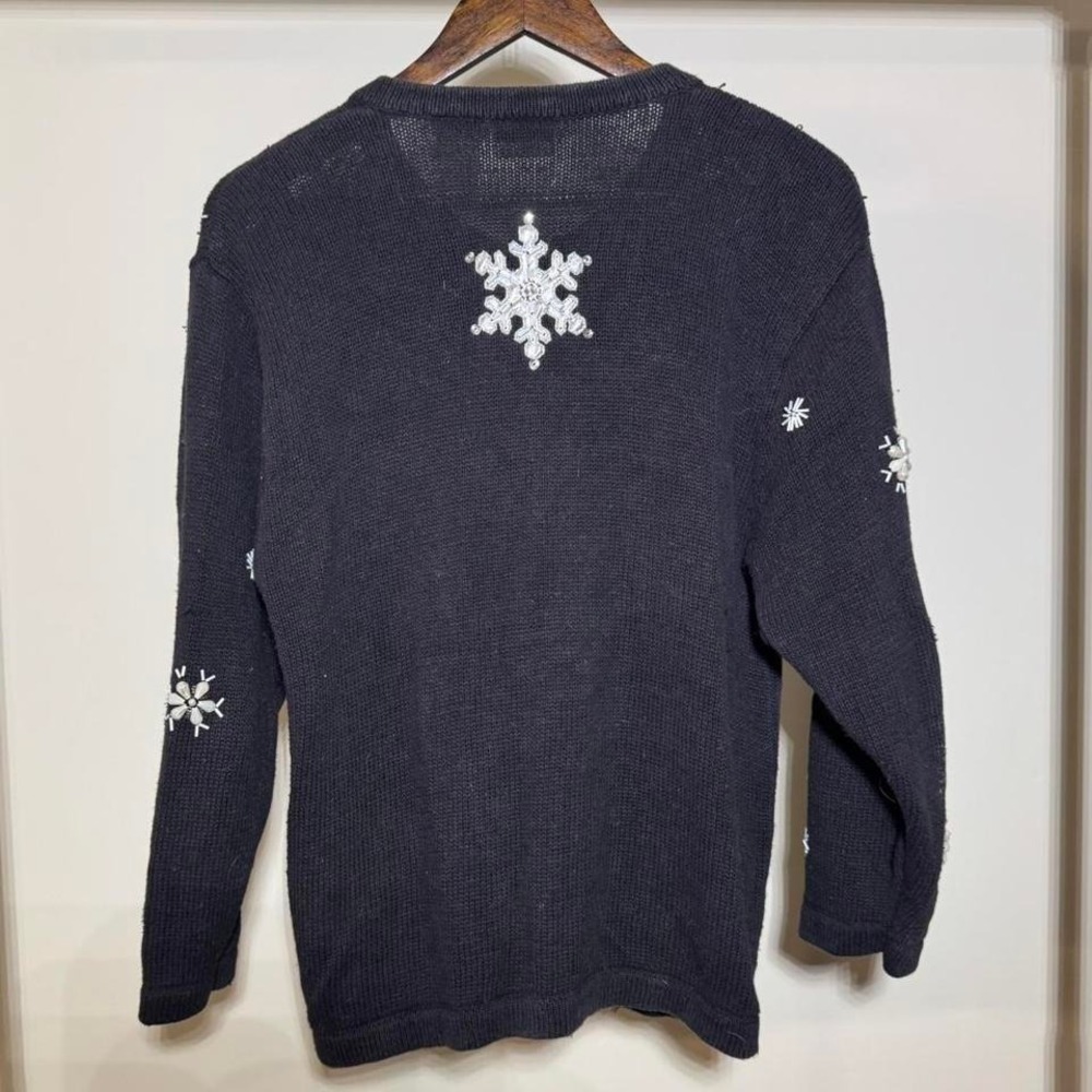 Vintage 90s Black Button Up Cardigan With White Snowflakes Size Large Knitwear - Picture 4 of 7